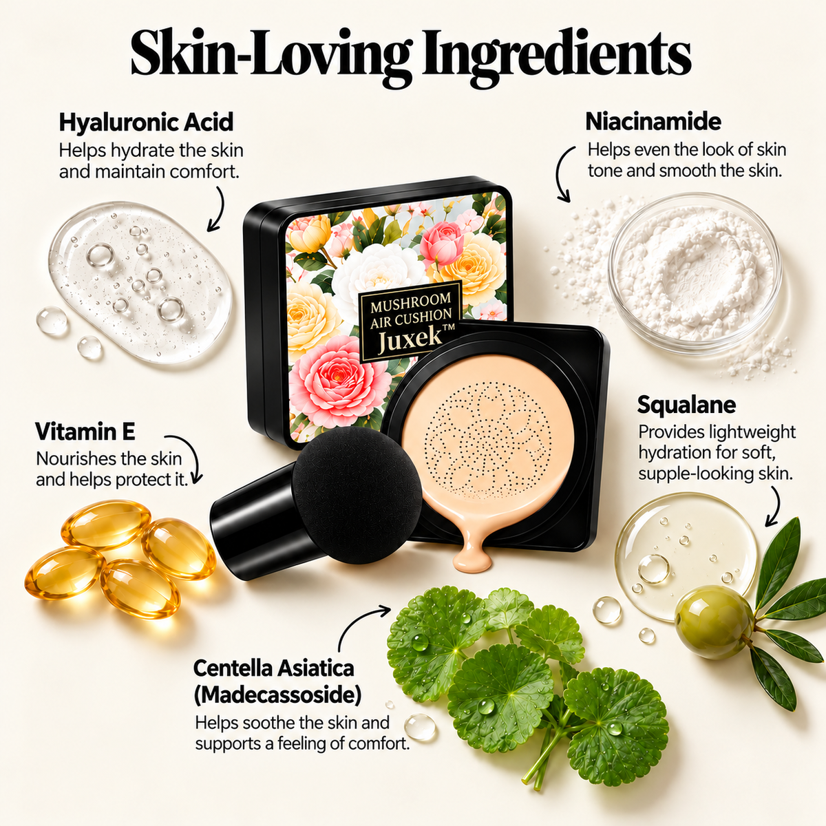 Skin loving ingredients in mushroom air cushion foundation