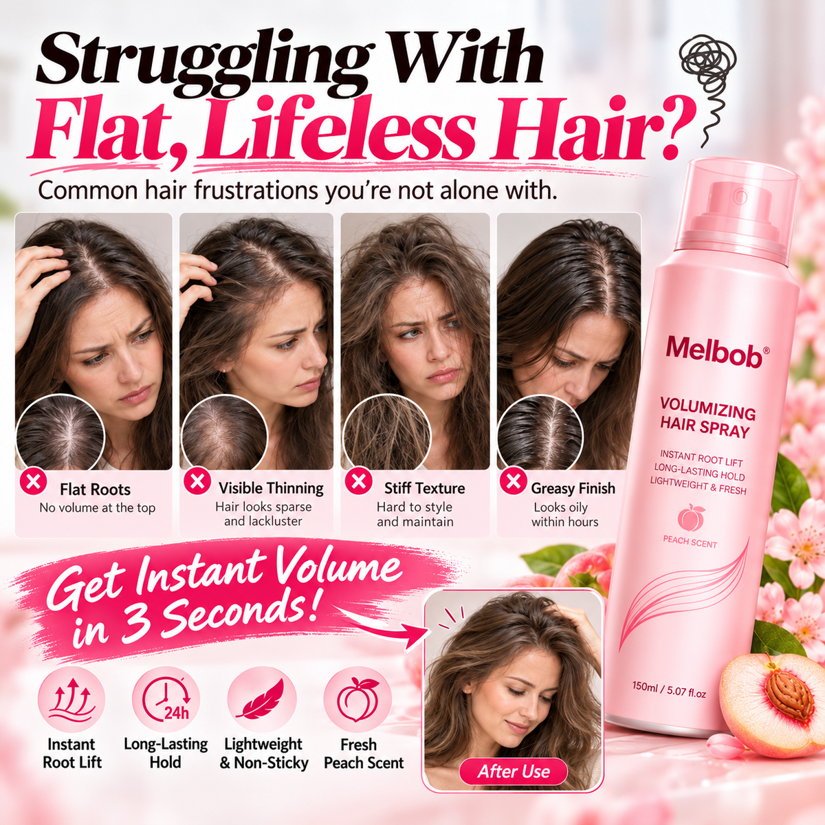 ⏳LIMITED-🎉BUY 1 GET 1 FREE! 🍑Melbob Peach Lift Volumizing Hair Spray